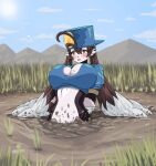  anthro arms_tied big_breasts blush bound breasts cleavage clothed clothing crossgender domestic_cat felid feline felis female hat headgear headwear hi_res klonoa klonoa_(series) mammal mtf_crossgender mud navel open_mouth outside partially_submerged quicksand rope saikunn sinking solo stuck video_games 