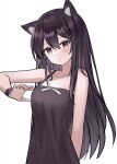  1girl absurdres animal_ear_fluff animal_ears bangs bare_arms bare_shoulders black_dress black_hair blush breasts cat_ears closed_mouth collarbone commentary_request dress hair_between_eyes hair_ornament hairclip head_tilt highres long_hair looking_at_viewer medium_breasts nagisa_(cxcx5235) original purple_eyes simple_background sleeveless sleeveless_dress solo very_long_hair white_background 