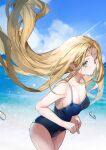  1girl aqua_eyes blonde_hair blue_swimsuit breasts cleavage closed_mouth cloud contrail dated day floating_hair highres long_hair medium_breasts ocean one-piece_swimsuit original outdoors signature sky solo sparkle swimsuit very_long_hair water water_drop wet wumumu 