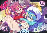  2girls blue_hair bright_pupils commentary_request duel_monster fangs hair_ornament hat highres holding holding_stuffed_toy jacket ki-sikil_(yu-gi-oh!) lil-la_(yu-gi-oh!) live_twin_ki-sikil live_twin_lil-la long_hair looking_at_viewer lying misaka_(missa) multicolored_eyes multicolored_hair multiple_girls nail_polish open_clothes open_jacket open_mouth purple_eyes shoes sneakers stuffed_toy twintails two-tone_hair v yu-gi-oh! 