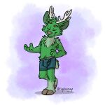  anthro antlers ashton_deer blue_clothing boxer_briefs cervid clothing eyebrows eyes_closed fur green_body green_fur hooves horn male mammal neck_tuft raised_eyebrow scut_tail short_tail smile solo solo_focus spots tinydeerguy tuft underwear zero_pictured 