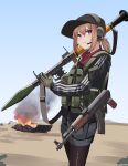  1girl absurdres ak-47 artist_name assault_rifle bangs baseball_cap black_headwear black_jacket blue_sky blush brown_hair closed_mouth commentary day desert ear_protection fire gar32 gloves green_gloves grey_shorts gun hair_between_eyes hat headgear highres holding holding_gun holding_weapon jacket kalashnikov_rifle legwear_under_shorts long_sleeves looking_away looking_to_the_side original outdoors pantyhose puffy_long_sleeves puffy_sleeves purple_eyes rifle rocket_launcher rpg rpg-7 sand short_shorts shorts sky solo weapon 