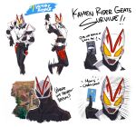  absurdres advent_card black_bodysuit bodysuit card city cityscape coolpsyco credit_card dancing desire_driver driver_(kamen_rider) english_commentary english_text fortnite fox fox_mask highres holster kamen_rider kamen_rider_geats kamen_rider_geats_(series) kamen_rider_ryuki_(series) kitsune mask meme rider_belt victory_pose white_armor white_background yellow_eyes 