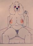  absurd_res anthro areola bed big_ears breasts bredlaybagordh canid canine canis domestic_dog female fur furniture hi_res macro mammal micro nipples olannah on_bed pubes sitting sitting_on_bed traditional_media_(artwork) white_body white_fur 