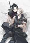  2b_fff 2boys arm_around_waist arm_ribbon armor bangs black_gloves black_hair black_pants blonde_hair blue_eyes blue_shirt closed_eyes cloud_strife collarbone crisis_core_final_fantasy_vii earrings final_fantasy final_fantasy_vii final_fantasy_vii_advent_children gloves grey_shirt hair_between_eyes high_collar jewelry male_focus multiple_boys muscular muscular_male open_collar open_mouth outdoors pants parted_bangs parted_lips pink_ribbon reclining ribbon shirt short_hair shoulder_armor shoulder_strap single_earring sitting sleeveless sleeveless_shirt sleeveless_turtleneck spiked_hair suspenders sword turtleneck unconscious weapon weapon_on_back wolf zack_fair 