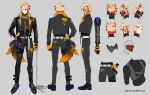  1boy axel_syrios black_gloves black_jacket black_pants blonde_hair braid chain collar company_name ginka_sima gloves highres holding holding_chain holostars holostars_english jacket long_sleeves male_focus mask multicolored_hair multiple_views official_art open_clothes open_jacket pants red_hair reference_sheet single_braid streaked_hair virtual_youtuber 