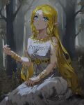  1girl blonde_hair blue_eyes breasts bush commentary dress forest gown hair_ornament hairclip highres jewelry long_hair nature night on_floor outdoors pointy_ears princess_zelda rain rke solo the_legend_of_zelda the_legend_of_zelda:_breath_of_the_wild water_drop wet wet_clothes wet_hair 