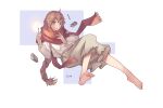  1girl ahoge barefoot bliss_ning box braid brown_eyes brown_hair brown_skirt highres little_match_girl long_hair long_skirt looking_at_viewer matches open_mouth red_scarf scarf signature skirt solo very_long_hair 