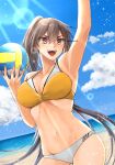  1girl arm_up bangs beach beach_volleyball bikini black_hair blush breasts cleavage cloud commentary_request day hair_between_eyes highres kantai_collection large_breasts long_hair machi_(ritovoyage) nagato_(kancolle) navel ocean open_mouth outdoors red_eyes sky solo swimsuit twitter_username very_long_hair volleyball white_bikini yellow_bikini 