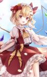  1girl :d bangs bird bird_on_hand blonde_hair blue_sky blush bow brooch center_frills cloud crossed_legs crystal dove fang feathers feet_out_of_frame flandre_scarlet flower frilled_hairband frilled_skirt frills hair_bow hair_flower hair_ornament hairband highres jewelry looking_at_viewer medium_hair mumu-crown neck_ruff no_hat no_headwear one_side_up open_mouth puffy_short_sleeves puffy_sleeves red_eyes red_ribbon red_skirt red_vest ribbon rose shirt short_sleeves sitting skin_fang skirt sky smile solo touhou vest waist_bow white_shirt wide_sleeves wings yellow_bow 
