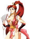  1990s_(style) 1girl breasts center_opening covered_nipples cowboy_shot fatal_fury folding_fan hand_fan hand_on_hip high_ponytail holding holding_fan japanese_clothes large_breasts long_hair ninja non-web_source official_art oobari_masami open_mouth panties pelvic_curtain red_eyes red_hair retro_artstyle shiranui_mai simple_background solo underwear very_long_hair white_background white_panties 