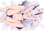  1girl armpits arms_up bangs bare_shoulders bikini blue_bikini breasts brown_eyes collarbone fairy_knight_lancelot_(fate) fate/grand_order fate_(series) forked_eyebrows highres horns jilu long_hair looking_at_viewer m_legs navel sidelocks small_breasts solo spread_legs swimsuit white_hair 