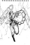  1boy absurdres blood chainsaw chainsaw_man denji_(chainsaw_man) einheadt greyscale hatching_(texture) highres male_focus monochrome monster motion_lines necktie running sketch sleeves_rolled_up solo speed_lines tongue tongue_out traditional_media weapon 