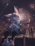  2021 ahoge anthro bench beverage black_bottomwear black_clothing black_shorts blue_eyes bottomwear clothing container cup detailed_background digital_media_(artwork) digital_painting_(artwork) dipstick_ears emolga_1_(artist) eye_glint fireworks footwear grey_hair group hair hi_res holding_cup holding_object kemono lagomorph leporid looking_away low-angle_view male mammal multicolored_ears one_ear_up one_tooth pink_inner_ear poncho public rabbit shaded shoes shorts sitting sneakers solo_focus white_ears yellow_ears 