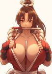  1girl absurdres arm_guards bangs between_breasts blush breasts brown_eyes brown_hair cleavage collarbone eyebrows_hidden_by_hair fatal_fury fingerless_gloves folding_fan gloves hair_intakes half-closed_eyes hand_fan high_ponytail highres huge_breasts looking_at_viewer mouth_hold ninja outline parted_bangs revealing_clothes rope sash shimenawa shiny shiny_hair shiranui_mai simple_background solo tff the_king_of_fighters upper_body white_background yaranaika 