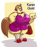 absurd_res angry anthro avian bead_necklace beak big_breasts bird blue_eyes breasts brown_hair chicken clothing curvy_figure dress ear_piercing ear_ring english_text female frown galliform gallus_(genus) gem gesture hair hand_on_hip hi_res huge_breasts huge_thighs jewelry karen_gold mature_female necklace non-mammal_breasts painted_claws pearl_(gem) pearl_earring pearl_necklace phasianid piercing pointing ring_piercing sachasketchy solo text thick_thighs voluptuous wide_hips yellow_body 
