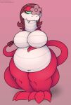  anthro belly big_belly big_breasts breasts female foxball hi_res huge_breasts kitty_pride lying mia_mackat nude on_front reptile scalie simple_background smile snake solo standing video_games 
