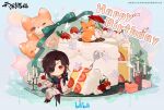  1boy birthday_cake box brown_hair bug butterfly cake cake_slice candle cherry chibi chinese_clothes eyepatch flower food fruit gift gift_box glowing_butterfly happy_birthday hua_cheng long_hair long_sleeves looking_at_viewer low_ponytail male_focus official_art red_eyes red_flower red_rose rose sitting smile strawberry string string_of_fate tian_guan_ci_fu 