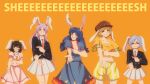  1990s_(style) 5girls =_= animal_ears bangs black_hair black_jacket blazer blue_hair blue_shirt blue_skirt blush breasts brown_hair brown_headwear cabbie_hat carrot_necklace collared_shirt commentary cowboy_shot crescent crescent_pin crescent_print earclip english_commentary floppy_ears frilled_sleeves frills grin hat highres inaba_tewi jacket jewelry long_hair long_sleeves looking_at_viewer medium_breasts meme midriff multiple_girls navel necklace necktie one_eye_closed orange_background orange_shirt pink_shirt pink_skirt pleated_skirt print_skirt puffy_short_sleeves puffy_sleeves rabbit_ears rabbit_girl rabbit_tail red_eyes red_necktie reisen_(touhou_bougetsushou) reisen_udongein_inaba retro_artstyle ribbon-trimmed_skirt ribbon_trim ringo_(touhou) seiran_(touhou) sheesh_(meme) shirt short_hair short_sleeves shorts simple_background skirt small_breasts smile star_(symbol) star_print step_arts tail touhou twintails very_long_hair white_shirt white_skirt yellow_shorts 