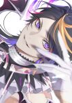  1boy bare_shoulders black_hair blonde_hair blurry blurry_foreground choker demon_wings earrings eyelashes eyeshadow fingernails glint gloves grey_background grey_gloves grey_wings half_gloves highres hololive hololive_english inanome_me jewelry long_fingernails long_hair looking_at_viewer makeup male_focus mini_wings multicolored_hair parted_lips pink_hair purple_eyes purple_hair red_eyeshadow red_pupils sharp_fingernails shu_yamino signature simple_background single_bare_shoulder single_earring smile solo streaked_hair upper_body virtual_youtuber white_choker wings 