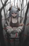  1girl absurdres arknights bare_tree black_collar black_gloves black_sports_bra bodysuit breasts cleavage collar collarbone demon_horns forest gloves grey_hair hair_ornament highres horns infection_monitor_(arknights) kiryuu_haru_(445) large_breasts looking_at_viewer mudrock_(arknights) nature navel open_bodysuit oripathy_lesion_(arknights) outdoors red_eyes solo sports_bra stomach tree white_bodysuit 