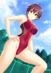  1girl ahoge blue_sky breasts brown_hair chain-link_fence cloud competition_swimsuit covered_nipples feet_out_of_frame fence fisheye hand_on_hip highres kuri_(kurigohan) large_breasts looking_at_viewer multicolored_clothes multicolored_swimsuit one-piece_swimsuit original red_eyes red_swimsuit short_hair sky solo swimsuit tree 