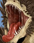  absurd_res anthro blue_background bodily_fluids brown_horn brown_spikes cheek_spikes facial_spikes front_view glistening glistening_eyes glistening_tongue head_spikes hi_res horn imperatorcaesar male mouth_shot open_mouth red_eyes red_tongue saliva saliva_on_tongue saliva_string scales scalie sharp_teeth simple_background solo spikes spikes_(anatomy) tan_body tan_scales teeth tongue 