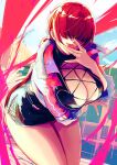  absurdres bodycon breasts earrings hand_on_own_face highres jewelry king_rooper large_breasts legs_together lipgloss lipstick looking_at_viewer makeup no_eyes red_hair red_lips shermie_(kof) the_king_of_fighters 