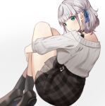  1girl ankle_socks bare_legs black_skirt black_socks blue_ribbon braid brown_footwear closed_mouth commentary gakuon_(gakuto) green_eyes grey_hair hair_ribbon hololive hugging_own_legs ribbed_sweater ribbon shirogane_noel shoes short_hair simple_background skirt sleeves_past_elbows socks solo sweater thighs white_background white_sweater 