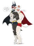  anthro blush bulge canid canine canis cape clothing dc_league_of_super-pets domestic_dog duo embrace hi_res hug hugging_from_behind krypto krypto_the_superdog male mammal muscular simple_background white_background zurdomon 