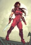  1girl abs arm_guards biceps black_hair bodysuit cloud cloudy_sky covered_abs covered_navel covered_nipples fog highres holding holding_weapon jan_rockitnik mask moon mouth_mask muscular muscular_female ninja pagoda red_bodysuit rooftop shin_guards short_sword skin_tight sky solo soulcalibur sword taki_(soulcalibur) wakizashi weapon 