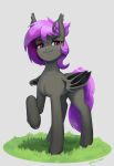  2022 ambiguous_gender bat_pony bat_wings digital_media_(artwork) ear_tuft equid eyelashes fan_character fangs feral fur grass grey_body grey_fur hair hasbro hi_res hooves inner_ear_fluff mammal membrane_(anatomy) membranous_wings mrscroup my_little_pony plant purple_hair purple_tail raised_hoof red_eyes signature simple_background smile tuft wings 