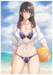  beach bikini blue_eyes collar dead_or_alive earrings highres jewelry konishiki_(52siki) long_hair looking_at_viewer midriff nanami_(doa) ocean open_mouth sky smile solo swimsuit volleyball volleyball_ball 
