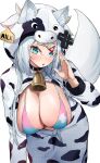  1girl :o absurdres animal_costume animal_ear_fluff animal_ears animal_print bell bikini bikini_top_only blue_eyes breasts cow_costume cow_print cowbell ear_tag fox_ears fox_girl fox_tail highres huge_breasts long_hair long_sleeves looking_at_viewer meridian_project mizuki_(vtuber) multicolored_bikini multicolored_clothes navel neck_bell oukafafafa simple_background solo swimsuit tail virtual_youtuber white_background white_hair 