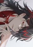  1boy black_hair black_nails choker closed_mouth collarbone earrings eyelashes fingernails grey_background hair_ornament hairclip highres inanome_me jewelry long_hair looking_at_viewer makeup male_focus multicolored_hair nijisanji nijisanji_en patterned_clothing pointy_ears red_choker red_hair signature simple_background single_earring solo tassel tassel_earrings upper_body virtual_youtuber vox_akuma yellow_eyes 
