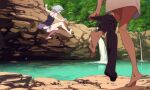  2girls barefoot black_dress cei_(sohin) day dress grey_hair jumping leggings mee_(sohin) multiple_girls open_mouth original outdoors panties rock shirt short_hair side-tie_panties sleeveless sleeveless_dress sohin standing standing_on_one_leg underwear undressing water waterfall white_shirt 