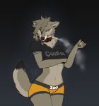  absurd_res anthro breasts canid canine canis clothed clothing cocofox collar crossgender digital_media_(artwork) feet female fur grey_body grey_fur hair hi_res mammal simple_background solo spiked_collar spikes toes underwear vape wolf zekee 