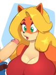  2020 activision anthro anthro_on_anthro big_breasts blonde_hair breasts brown_penis cleavage clothed clothing crash_bandicoot crash_bandicoot_(series) digitalkaiju duo female fur genitals green_eyes hair hi_res huge_breasts humanoid_genitalia humanoid_penis male male/female mammal marsupial open_mouth orange_body orange_fur partially_clothed penis simple_background tawna_bandicoot teeth tongue video_games 