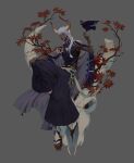  1boy animal animal_on_hand animal_skull arm_tattoo bird blue_pants blue_shirt braid braided_ponytail chinese_commentary closed_mouth cow_horns full_body geta grey_background groin hair_over_shoulder hakama hakama_pants hand_on_own_knee hands_up highres hip_vent horns japanese_clothes knee_up lian_yao long_hair looking_at_viewer lowleg male_focus original pants personification pleated_pants purple_lips shirt side_braid sitting skin_tight skull sleeveless smile socks solo tabi tattoo taurus turtleneck white_hair white_socks yellow_eyes 