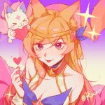  &gt;_&lt; 1girl :3 :p absurdres ahri_(league_of_legends) animal_ear_fluff animal_ears artist_name bangs bare_shoulders blonde_hair blue_bow blue_bowtie blush bow bowtie breasts collarbone finger_heart fox_ears fox_tail gradient gradient_background hair_ornament heart highres large_breasts league_of_legends long_hair pink_eyes pink_hair portrait ruan_chen_yue smile star_guardian_(league_of_legends) star_guardian_ahri tail tongue tongue_out wrist_cuffs 