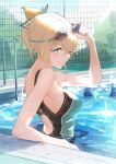  1girl blonde_hair breasts clenched_teeth commentary_request competition_swimsuit goggles goggles_on_head green_eyes green_ribbon hair_ribbon highres hololive kakage kazama_iroha looking_at_viewer medium_breasts one-piece_swimsuit one_eye_closed outdoors partially_submerged pool ribbon short_hair solo swimsuit teeth virtual_youtuber water wet wet_clothes wet_swimsuit 