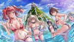  6+girls absurdres allen_m._sumner_(azur_lane) anchorage_(azur_lane) azur_lane baltimore_(azur_lane) bikini breasts bremerton_(azur_lane) brown_hair buko_(bukosuki) grey_hair grin highres inflatable_toy large_breasts looking_at_viewer medium_breasts multiple_girls nautilus_(azur_lane) navel navel_piercing new_jersey_(azur_lane) outdoors piercing pink_eyes pink_hair red_eyes smile swimsuit thighs v water waterfall yellow_eyes 