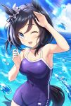 1girl animal_ears blue_sky blue_swimsuit breasts cloud day ear_ribbon eishin_flash_(umamusume) frilled_ribbon frills highres horse_ears horse_girl horse_tail large_breasts looking_at_viewer ocean one-piece_swimsuit one_eye_closed outdoors ribbon school_swimsuit short_hair sky solo summer sunlight swimsuit tail tomo_(tmtm_mf_mf) umamusume water white_ribbon 