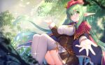  1girl anastigal_elmar_engel_berglund beret blue_ribbon blurry blurry_foreground blush breasts brown_skirt cloak closed_mouth commentary_request commission depth_of_field elf feet_out_of_frame green_eyes green_hair hat hood hood_down hooded_cloak iris_mysteria! knees_up long_sleeves looking_at_viewer medium_breasts neck_ribbon pleated_skirt pointy_ears red_cloak red_headwear ribbon skeb_commission skirt smile solo tahya thighhighs 