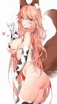  1girl absurdres animal_ear_fluff animal_ears animal_print ass bangs bare_shoulders bikini blush bottomless breasts commentary_request cow_print cowboy_shot elbow_gloves fate/extra fate_(series) fox_ears fox_girl fox_shadow_puppet fox_tail from_side gloves hair_between_eyes heart highres holding_strap large_breasts long_hair looking_at_viewer looking_to_the_side pink_hair print_bikini print_gloves print_legwear sideboob silver_(chenwen) simple_background smile solo standing string_bikini swimsuit tail tail_raised tamamo_(fate) tamamo_no_mae_(fate/extra) thick_thighs thighhighs thighs very_long_hair white_background yellow_eyes 