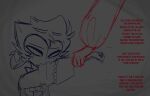 abuse angry anthro avian bird blue_outline duo grey_background hand_holding helluva_boss hi_res holding_arm male outline owl owl_demon red_outline red_text sad simple_background stolas_(helluva_boss) teathekook text yelling 
