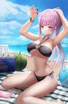  1girl armpits arms_up bare_arms bare_legs bare_shoulders beach beach_mat bikini black_bikini breasts cleavage cooler day food fruit halterneck highres holding hololive large_breasts long_hair looking_at_viewer mori_calliope navel outdoors pink_hair ponytail red_eyes side-tie_bikini sitting slime_nyang solo stomach swimsuit thighs tying_hair virtual_youtuber wariza watermelon wet wristband 