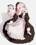  1girl :d absurdres alternate_costume apron awakeningdog bangs black_dress blonde_hair buttons collared_dress commentary dress enmaided fangs frills from_above full_body ghost highres long_hair long_sleeves looking_at_viewer looking_up low_twintails maid maid_apron maid_headdress nijisanji nijisanji_en open_mouth pink_eyes poppi_(reimu_endou) puffy_long_sleeves puffy_sleeves reimu_endou shadow simple_background skirt_hold smile solo symbol-only_commentary twintails two-tone_headwear very_long_hair virtual_youtuber waist_apron white_apron white_background 
