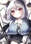  1girl animal_ears bangs bishamonten&#039;s_pagoda blurry blurry_foreground capelet depth_of_field dowsing_rod frills highres light_frown looking_at_viewer mouse_ears nazrin shiba_0007 short_hair simple_background solo touhou white_background 