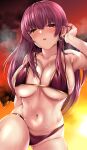  1girl bangs bare_shoulders bikini blush breasts circussion cleavage collarbone earrings gold_trim gradient_sky heart heart_earrings heterochromia highres hololive houshou_marine jewelry large_breasts long_hair looking_at_viewer navel open_mouth orange_sky red_bikini red_eyes sky solo swimsuit thighs twilight virtual_youtuber yellow_eyes 